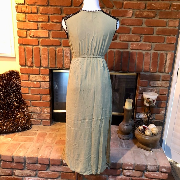Vintage BoHo HIPPIE CHIC S Moss Green Black Maxi Empire Waist Long Dress - Picture 6 of 12